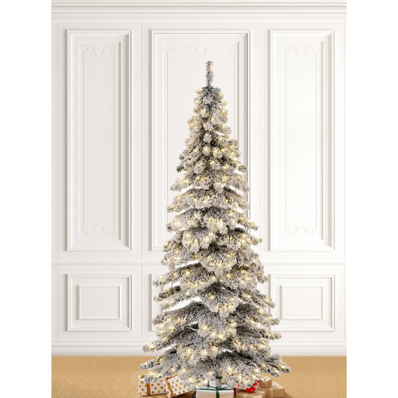 7.5ft White Flocked Slender Spruce Christmas Tree with LED Lights