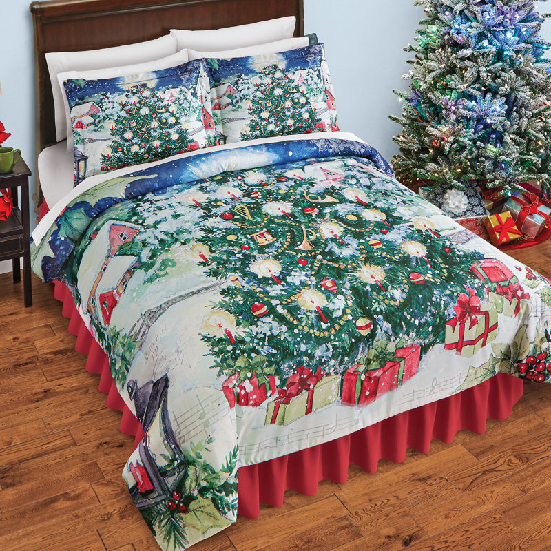 Festive Christmas Tree Twin Comforter Set in Blue Polyester