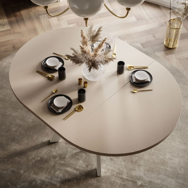 Extendable Round Metal Base Dining Table, White, Cashmere