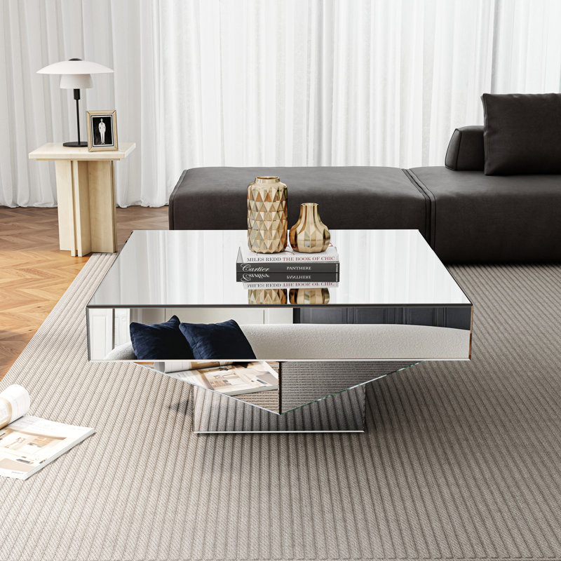 Fahd 39.4” Mirrored Geometric Coffee Table Reflective Glass Ceter Table