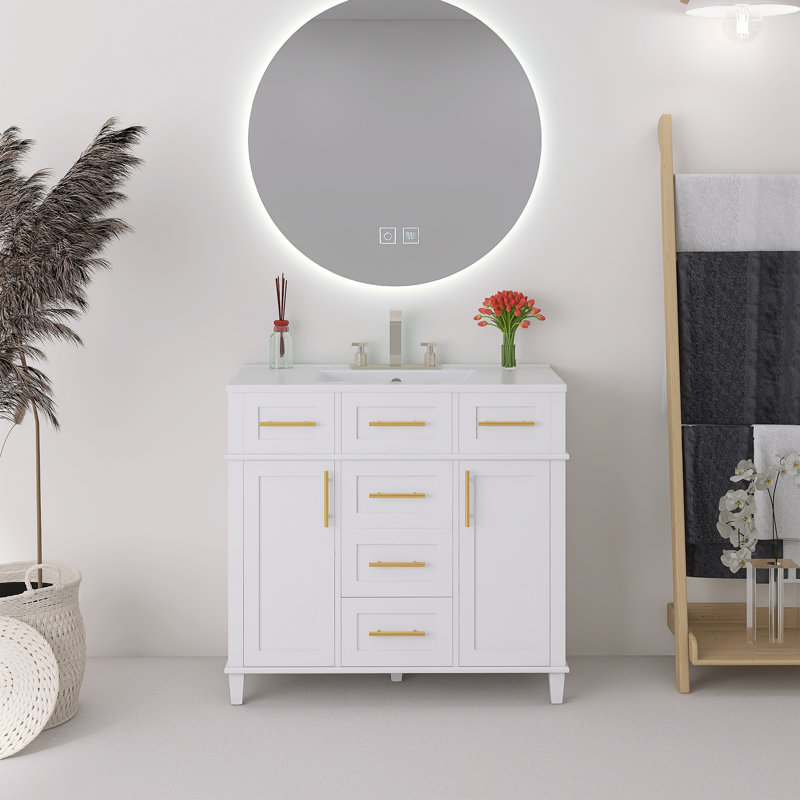 Meuble-lavabo sur pied 36 po blanc avec rangement polyvalent