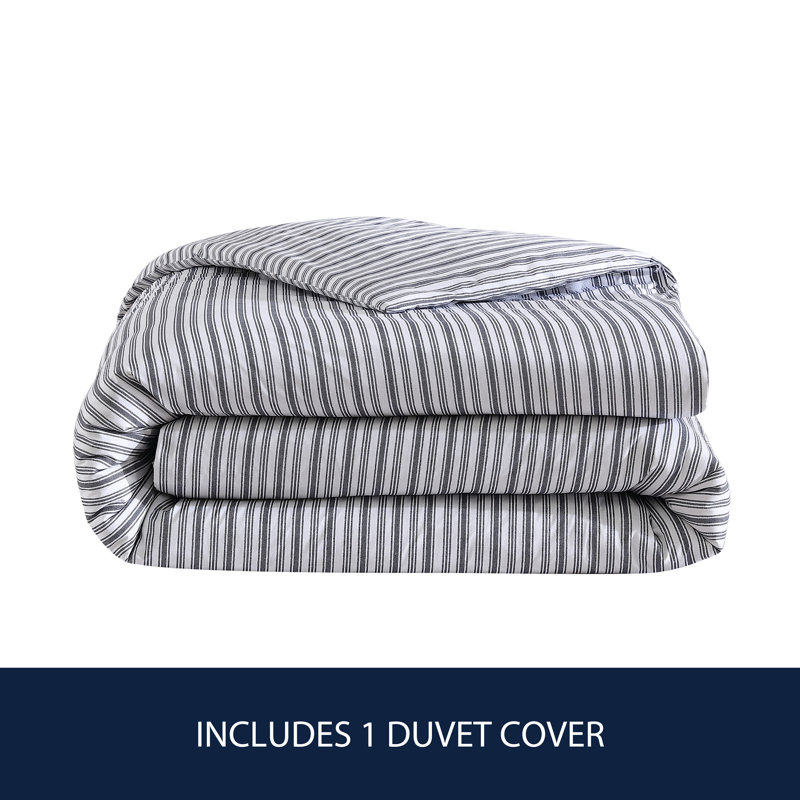 Charcoal and White Striped Cotton Queen Duvet Cover