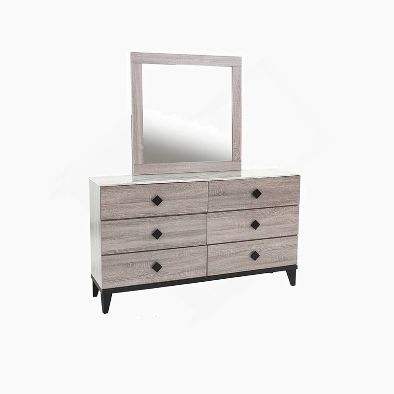 Commode de chambre à coucher avec plateau en faux marbre et 6 tiroirs de rangement, Crème