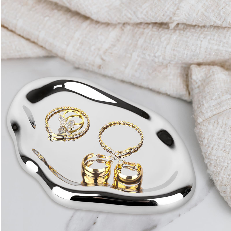 Silver Tray Decorative Vanity Tray Bathroom Tray Jewelry Dish Ceramic Silver Round Plate Holder Makeup Tray Home Organizers Irregular Storage Plate Bathroom Organizer(Long)