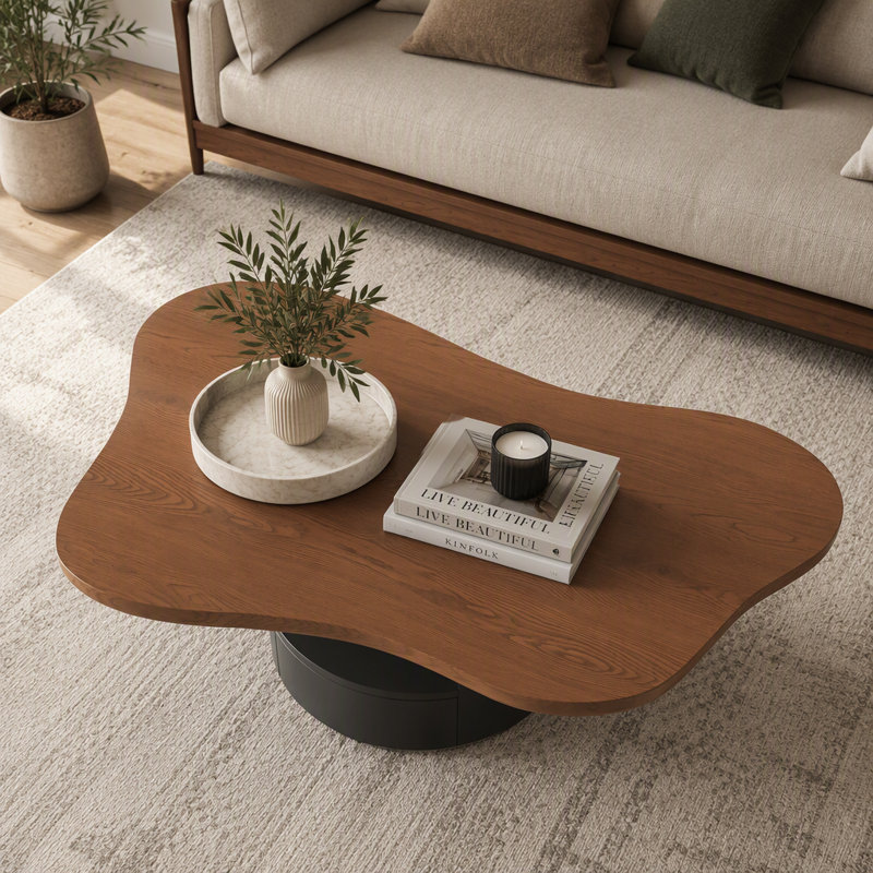 Cloud-Shaped Coffee Table with 2 Drawers, Multi-Layer Storage, and Walnut Finish