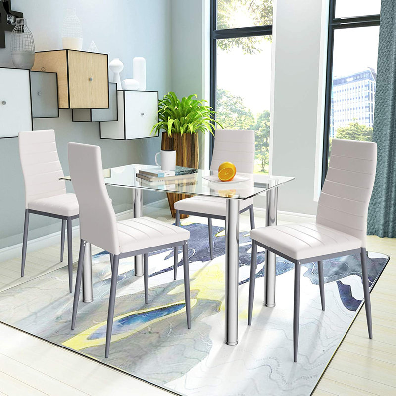 Almeida Modern 5 Pieces Dining Set with 4 PU Leather Chairs And A Glass Table