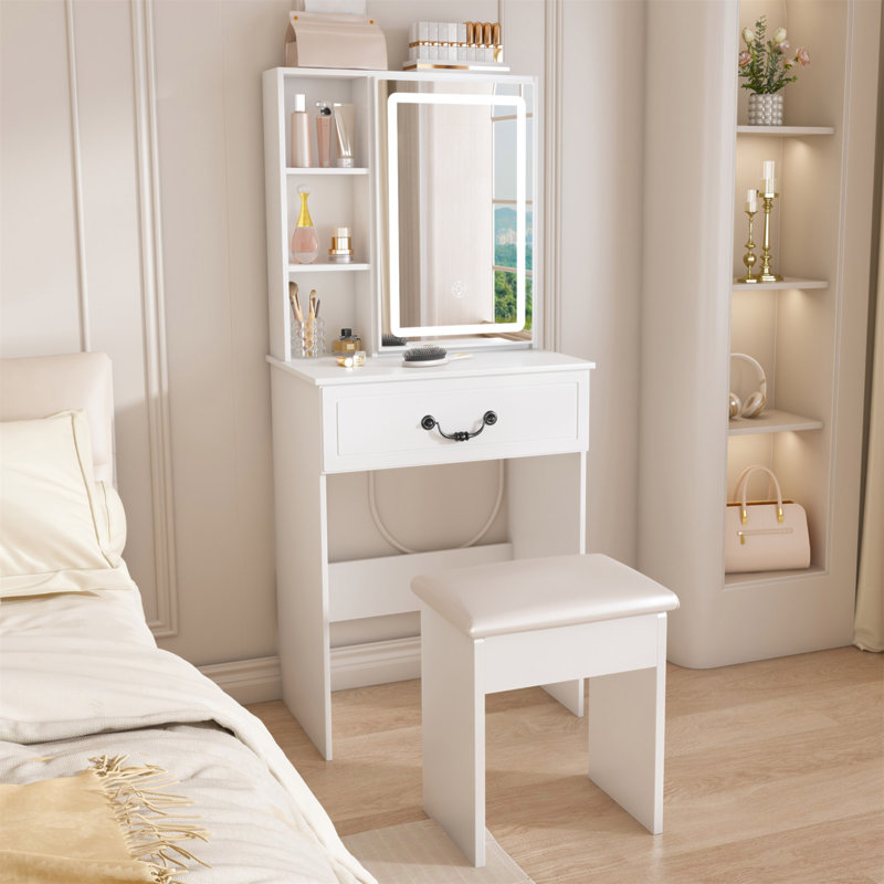Mini coiffeuse moderne avec miroir éclairé à DEL et rangement dissimulé, tabouret rembourré, bureau de coiffeuse à luminosité réglable, tablettes à l'épreuve de la poussière à plusieurs niveaux