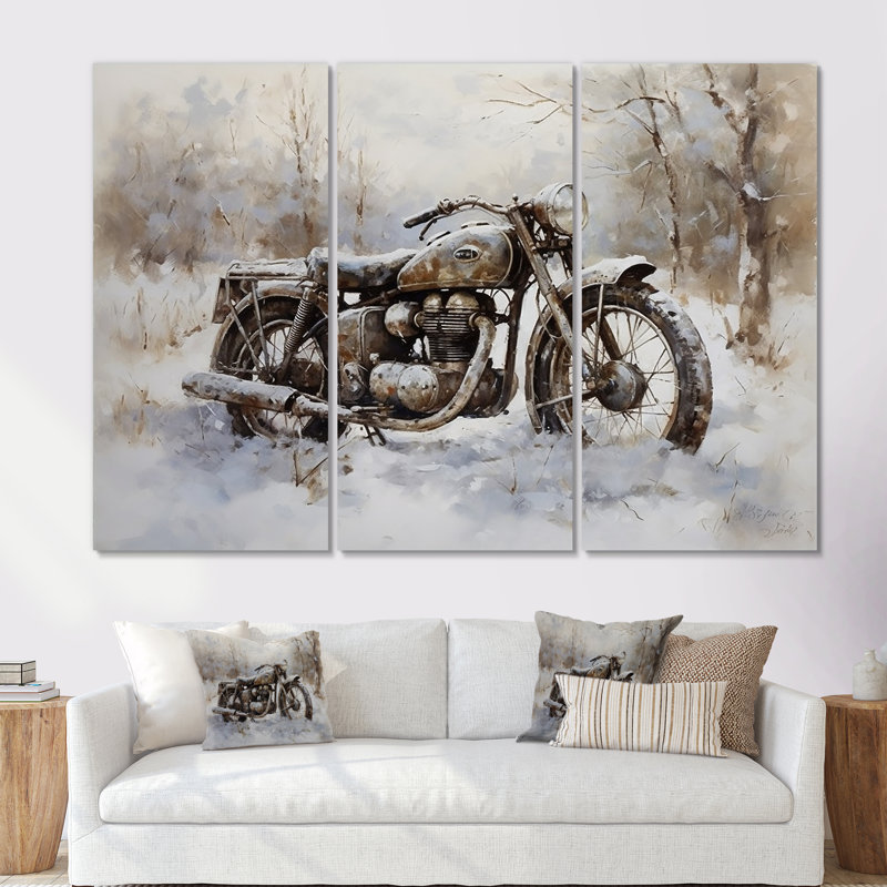 Vieux vélo rustique en hiver - ensemble d'art mural en toile de moto, Toile tendue, H 32 po x l 48 po x P 1 po