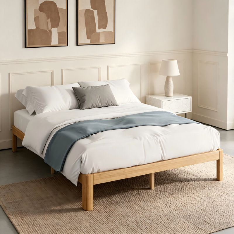 Cadre de lit double de 25 cm (10 pouces), cadre de lit plateforme en bois massif avec sommier à lattes métalliques, aucun sommier requis, montage facile, naturel