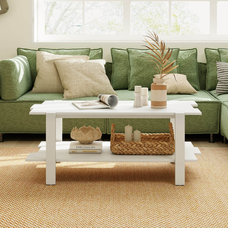 2-tier Coffee Table Irregular Center Table With Open Storage Shelf Cocktail Table, White
