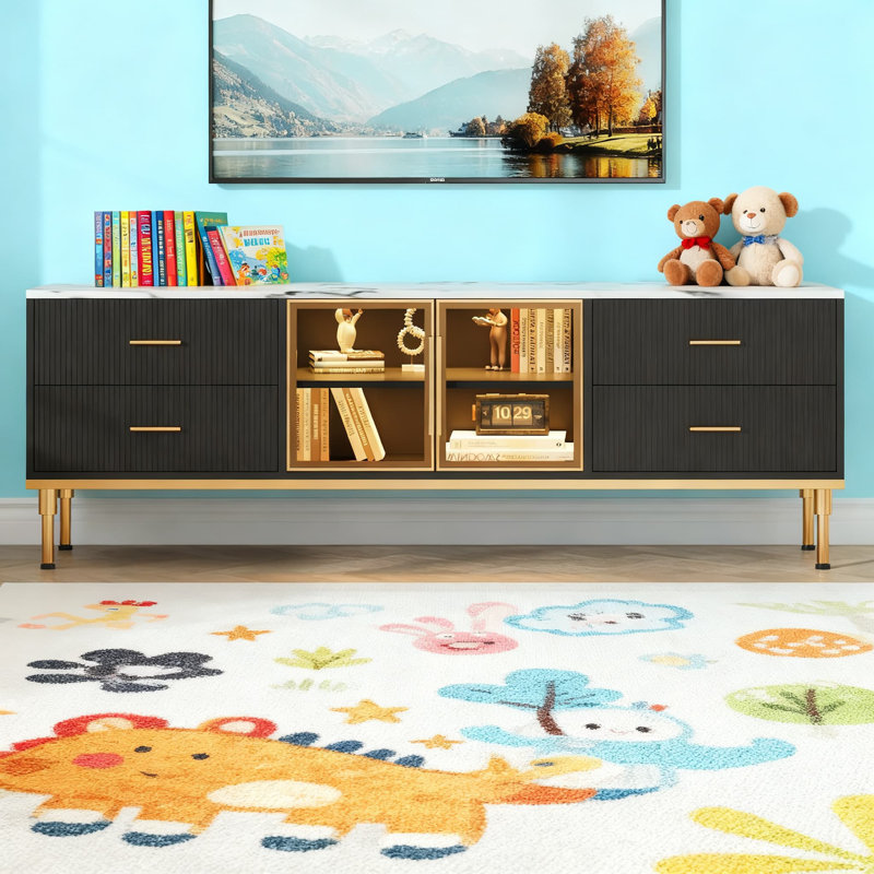 Meuble télé moderne à DEL pour téléviseur de 55 à 75 pouces, meuble audio-vidéo avec portes en verre, tiroirs et tablettes, mobilier de salon robuste