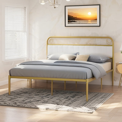 Magnifique base de lit plateforme en métal doré avec coussin de tête de lit rembourré moelleux