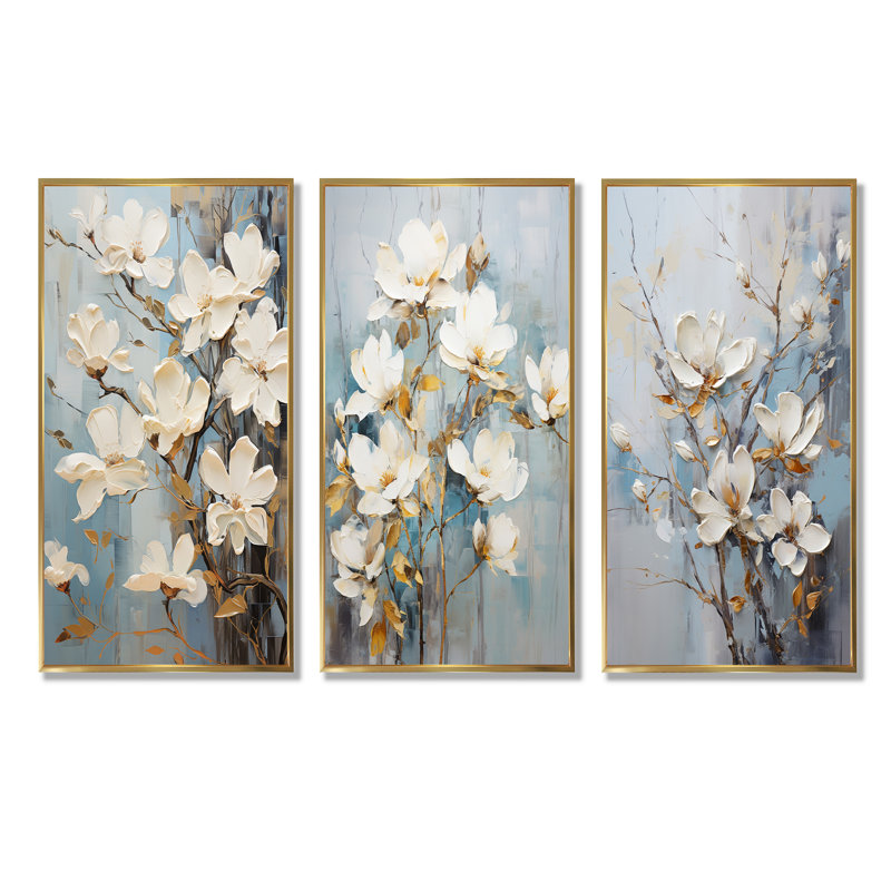 Ensemble de 3 décorations murales Magnolias, Cadre flottant doré, H 40 po x l 60 po