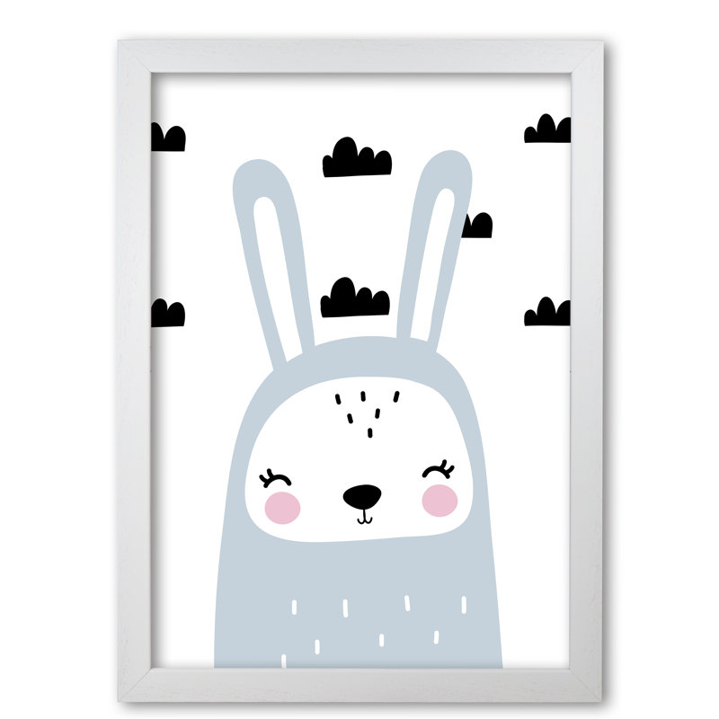 Blue Scandi Bunny With Clouds - Painting, 42 cm H x 30 cm W x 5 cm D, White Grain Frame