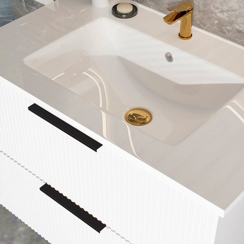 Meuble-lavabo flottant mural 36 po avec lavabo et tiroirs en céramique, conception cannelée moderne