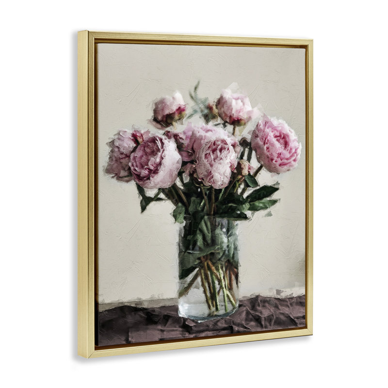 «Jar Of Roses», art mural encadré sur toile flottante par Sundance Group, LLC., Cadre flottant métallique doré