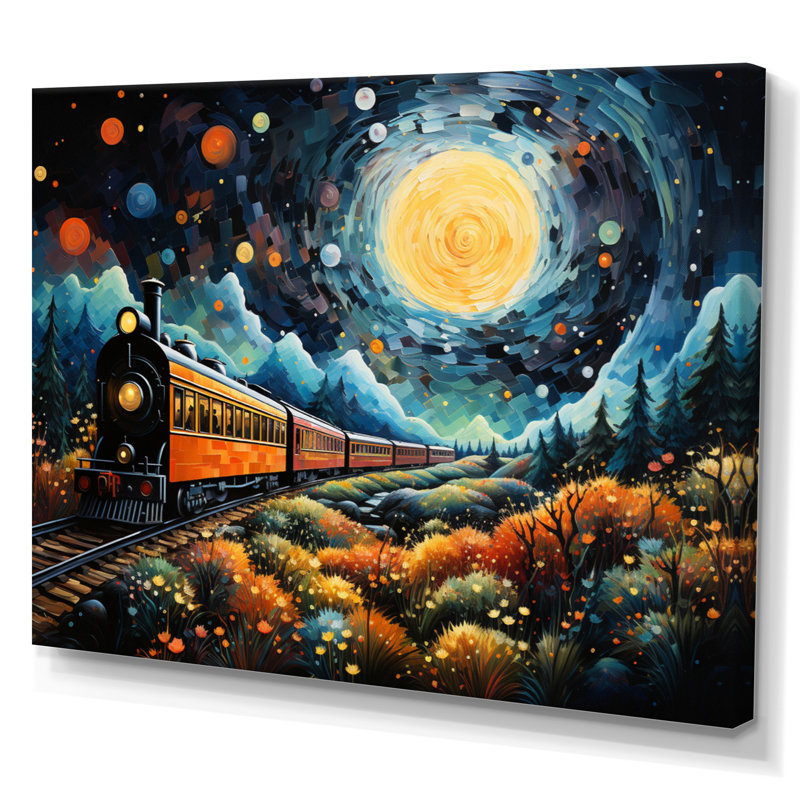 «Yellow Train Enchanted Journey Pointillism - Transport», reproduction d'art sur toile, H 24 po x l 32 po x P 1 po