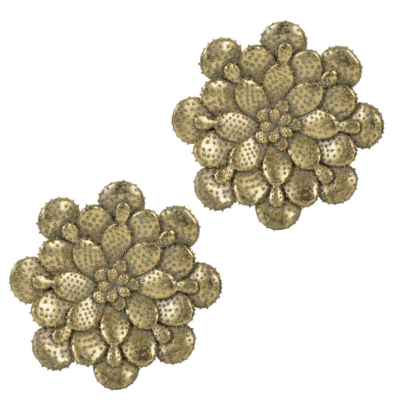 Gleaming Gold Succulent Wall Art, 10X1.6", 2 , Resin And Metal Creation Decoration Piece, Gold, With