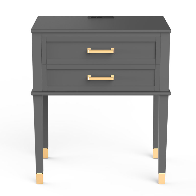 Solid Wood Nightstand with Big Drawer，2 Power Outlets, 1 USB Port & 1 Type C Port, Gray
