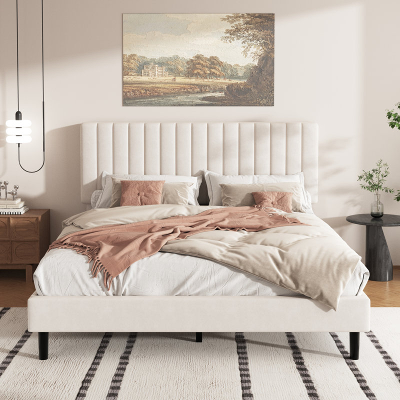Bed Frame Queen Size, Velvet Upholstered Platform Bed with Headboard, Strong Wooden Slats, No Box Spring Needed, Noise-Free Mattress Foundation, Vertical Stripe, Easy Assembly, Beige
