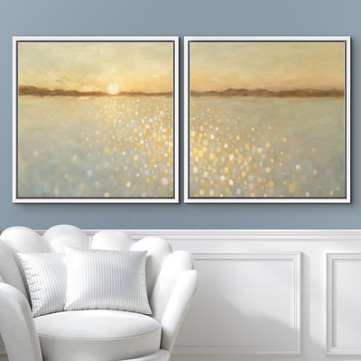 Golden Sunset Light Over Water Horizon Sparkle Reflection Coastal Calm Framed Master Bedroom Wall Art Work 2 Pieces Print