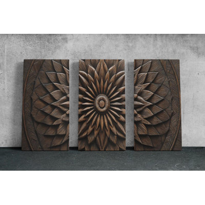 3 Panel Mandala Wood Carving Style Canvas Print, Rustic Lotus Flower Wall Decor, Intricate Dark Brown Floral Triptych Art, Boho Zen Gift, Painting Reproduction