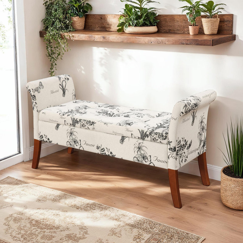 Emma-Jade Upholstery Storage Bench with Solid Wood Legs, Botanical Print Fabric