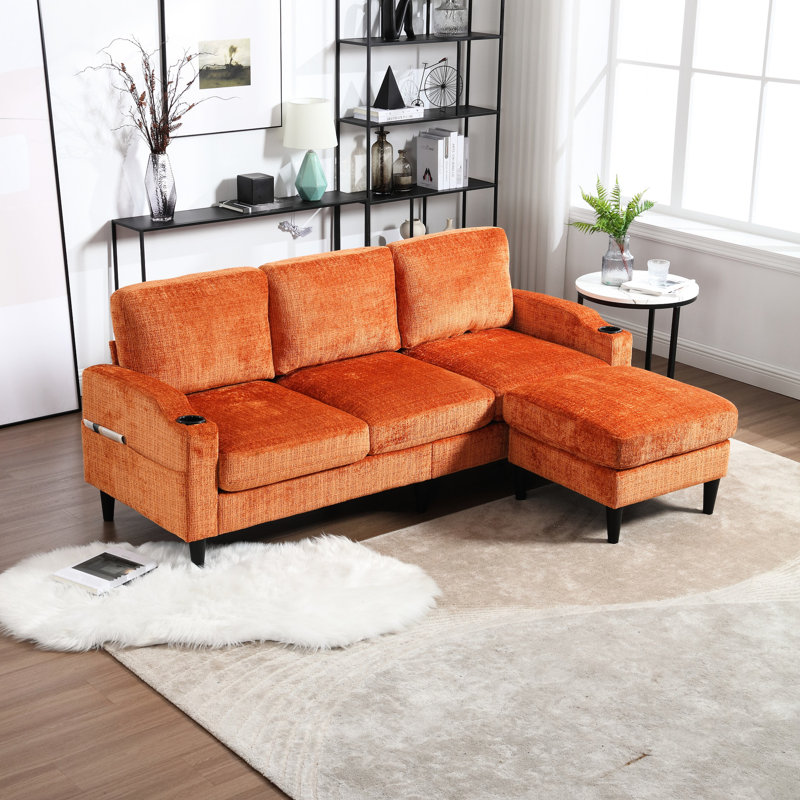 Chenille salon avec rangement et porte-gobelets 3 poches latérales pour meubles, Orange