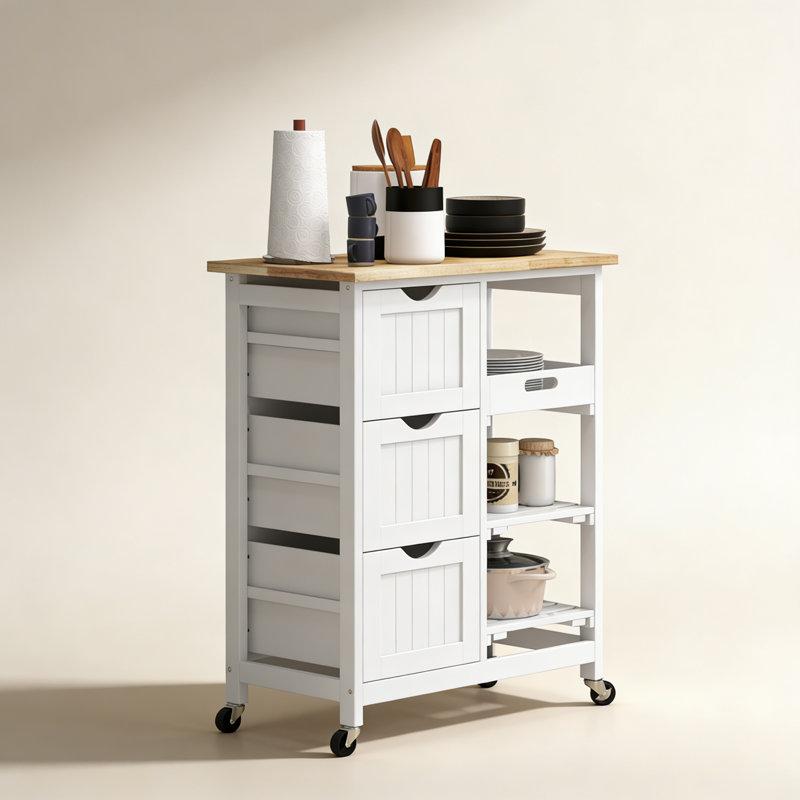 Rolling Kitchen Island Cart, Bar Serving Cart with Drawers, White