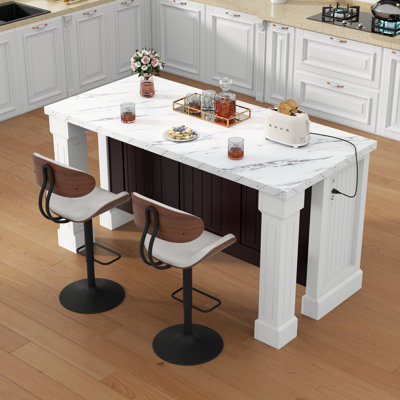 Grande table de bar en imitation marbre de 63 po avec colonne romaine, table d'îlot avec station de charge, table de salle à manger Mordern, unité de bar maison