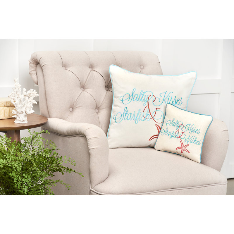 Salty Kisses and Starfish Wish Embroidered Petite Size Accent Throw Pillow, 18" x 18"