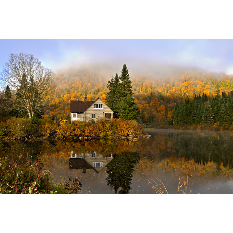 House And Forest In Autumn With Reflections In A Pond - Wrapped Canvas Print, 30cm H x 46cm W x 3.8cm D