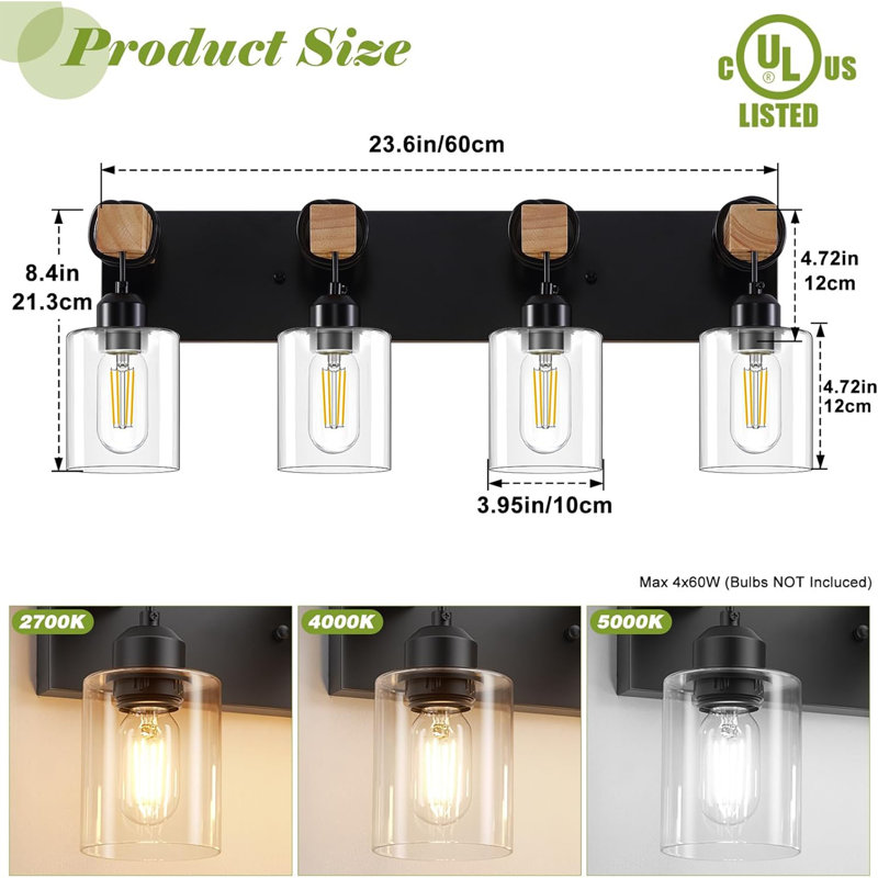 3-Lights Wood Bathroom Vanity Light With Clear Glass Shades, 4