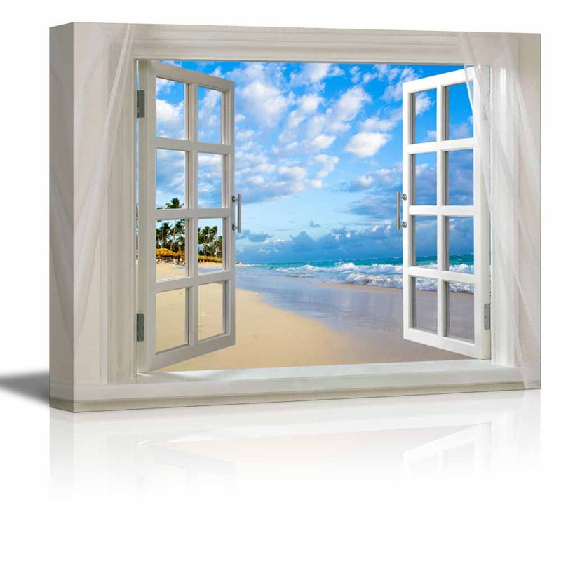 "Serene Coastal Clear Sea And Tropical Beach Open Window Modern Wall Home Decor" sur toile, H 32 po x l 48 po
