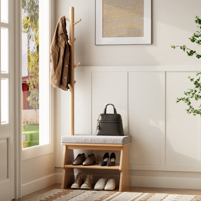 Solid Wood Entryway Bench with Integrated Shoe Rack & Coat Hooks – Angled Side Design