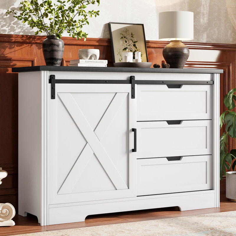 Armoire de rangement avec 3 tiroirs pour la salle à manger, Blanc/Noir
