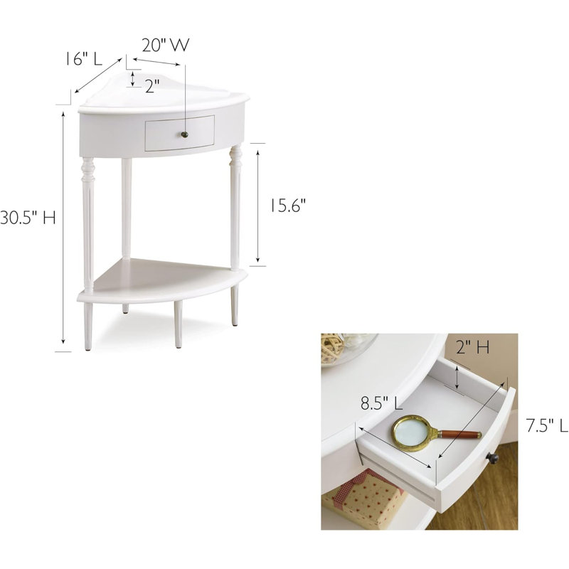 Coastal Solid Wood Corner Wedge Table With Drawer And Shelf - Cottage White For Entryways, Hallways, Small Spaces