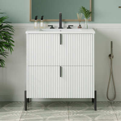 Meuble-lavabo de 30 po avec lavabo en céramique, équipé de poignées verticales et de tiroirs pleine extension, meuble-lavabo autoportant avec glissières de tiroir à fermeture en douceur, conception cannelée, blanc