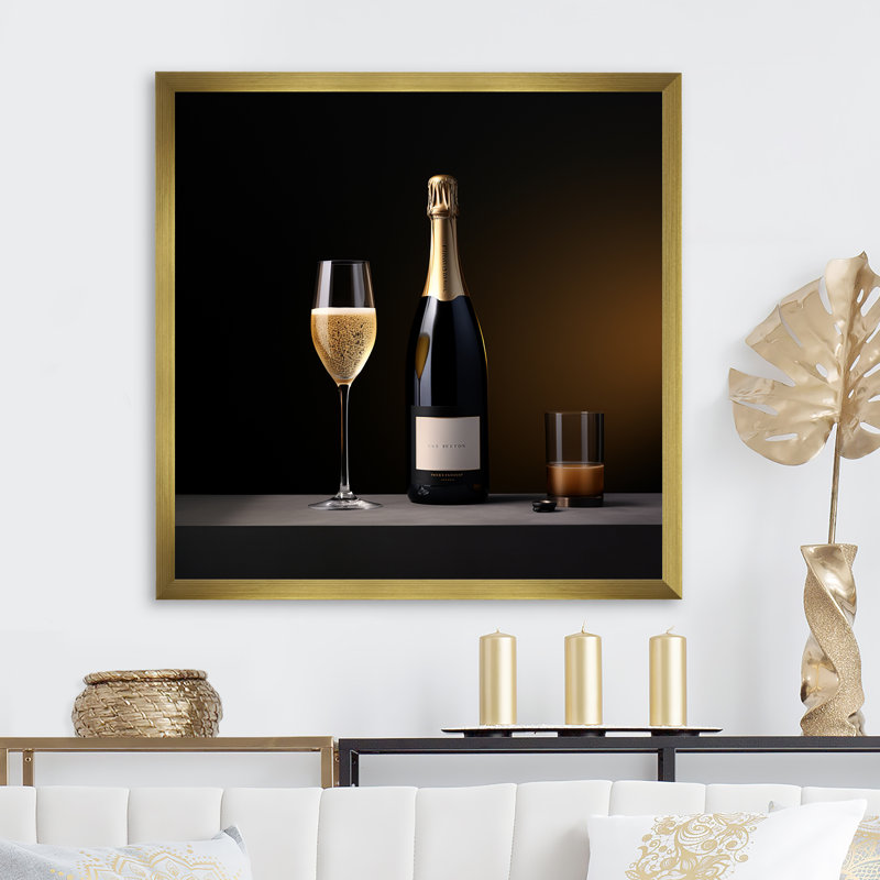 Champagne Solitude Charm - Vin et champagne, art mural sur toile, H 24 po x l 24 po x P 1 po, Cadre doré simple