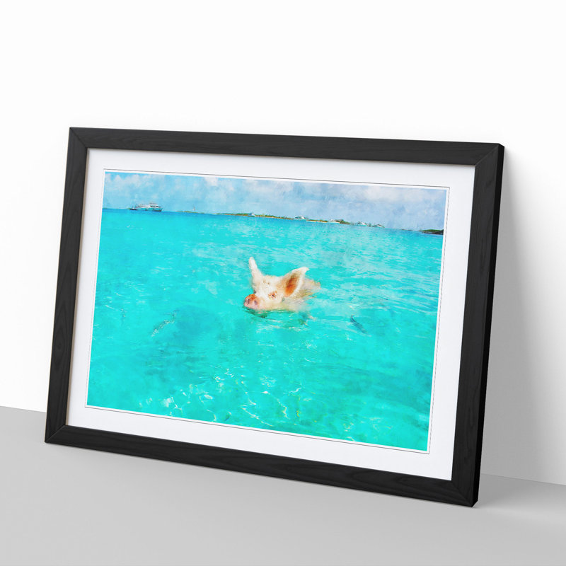 Swimming Pig - Picture Frame Painting, Black Framed, 36cm H x 48cm W x 2cm D