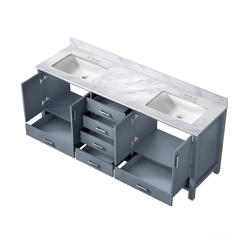 Meuble-lavabo double gris foncé 22 po D, avec plateau de Carrare, Gris foncé