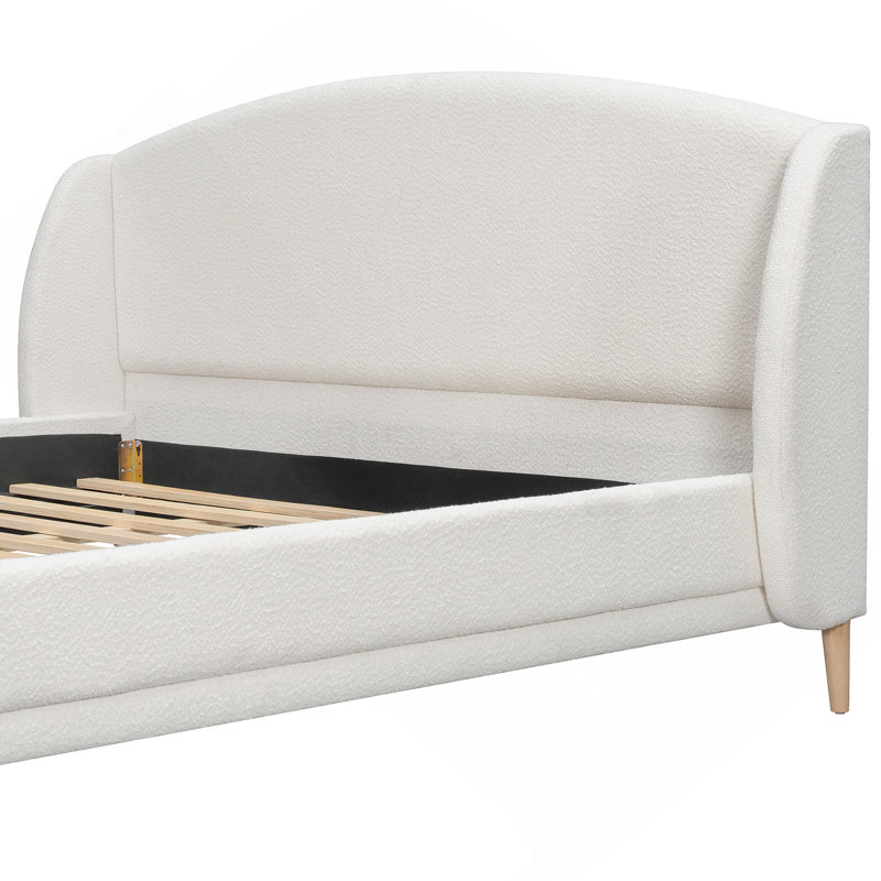 Upholstered Platform Bed Boucle Fabric and Wingback Headboard, Rounded Corners, California King