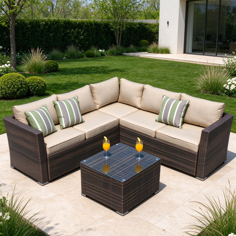 Ensemble de conversation modulaire avec coussins 4 pièces en rotin Messick, Jaune
