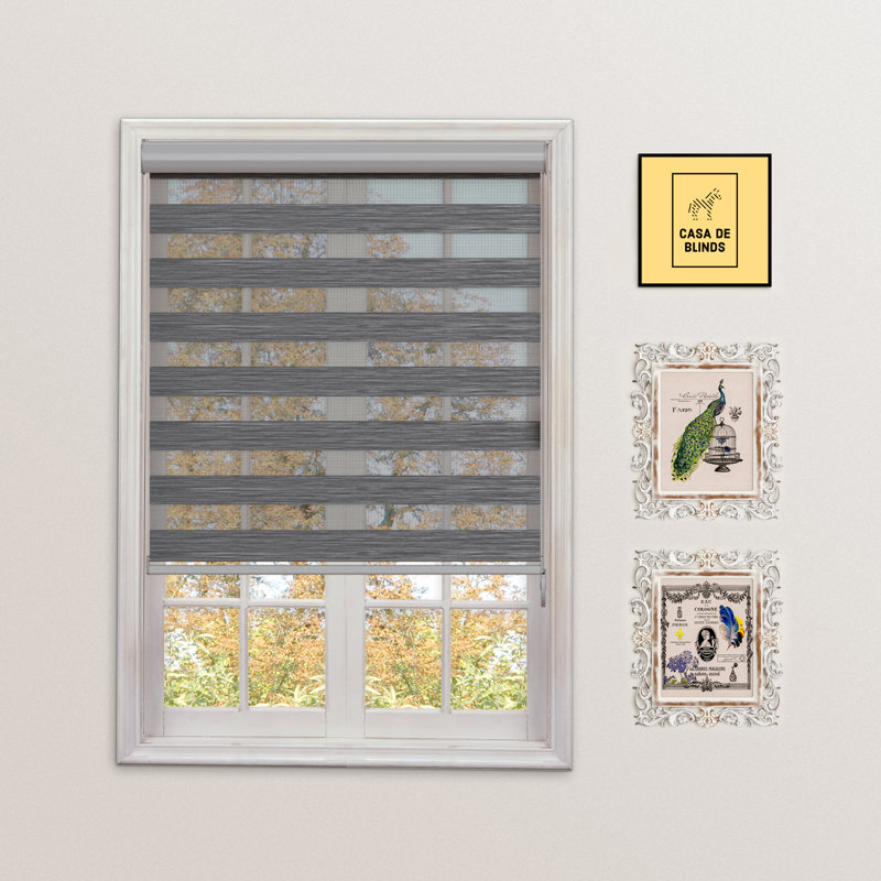 Zebra Blinds Window Dual Layer Roller Shades, Corded Horizontal Blind, Bedroom, Privacy, 72" Length, Gray, 65"W x 72"L