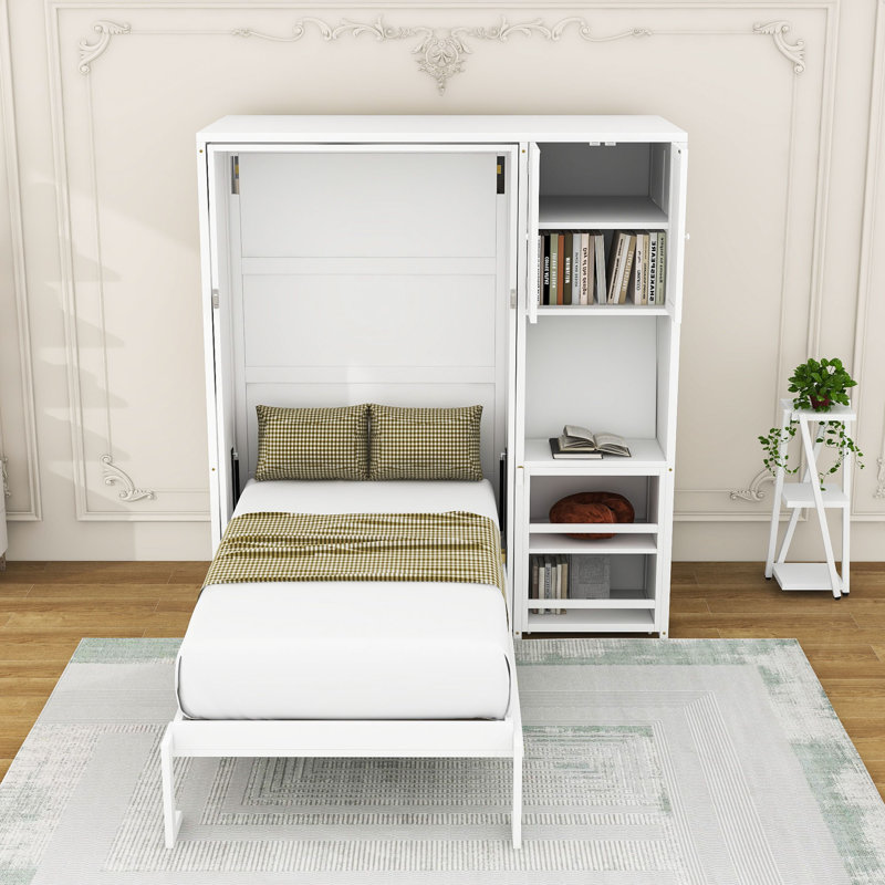 Lit escamotable simple avec bibliothèque rotative et bureau extensible, Blanc