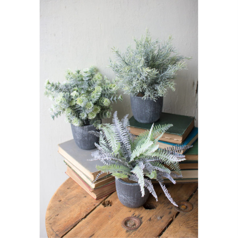  Faux Ferns with Round Grey Pots 9.75" H Decorative Greenery Accents, Set of 3