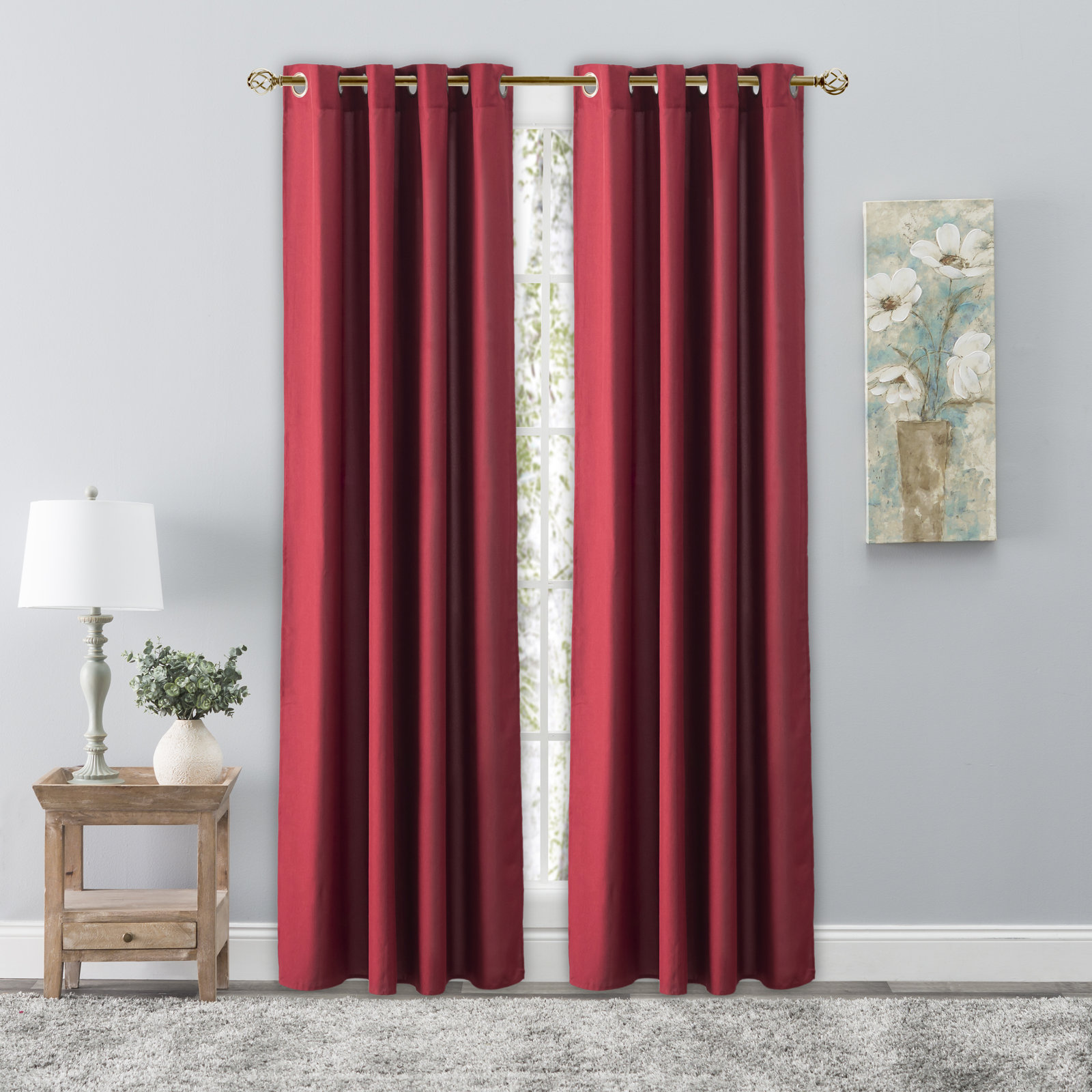Lakeland Solid Semi-Sheer Grommet Curtain Panel, Pomegranate, 56" W x 84" L