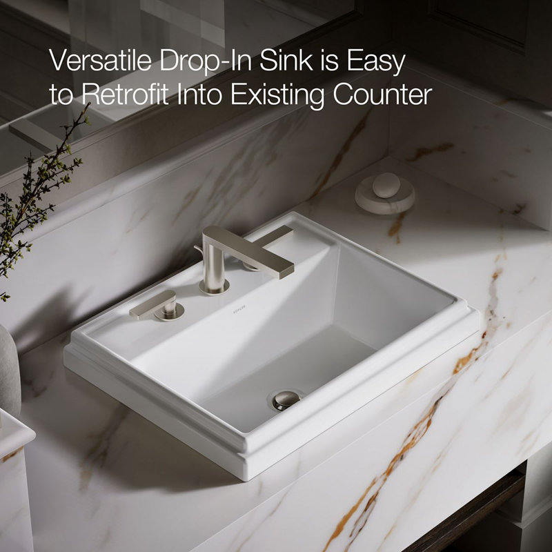 Tresham® Ceramic Rectangular Drop-In Bathroom Sink with Overflow, White, 8'' Widespread