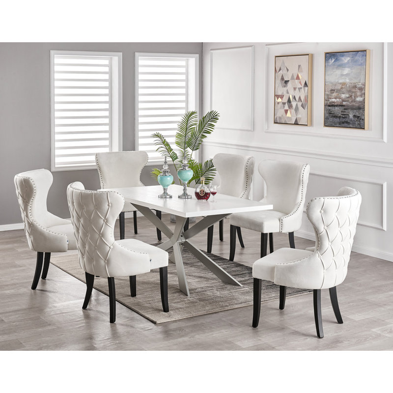 Devries 6 Person Dining set - a Rectangular Wooden Dining Table with Metal Legs and a Set of 6 Quilted Velvet Dining Chairs for Dining Room - Modern Dining Table Set