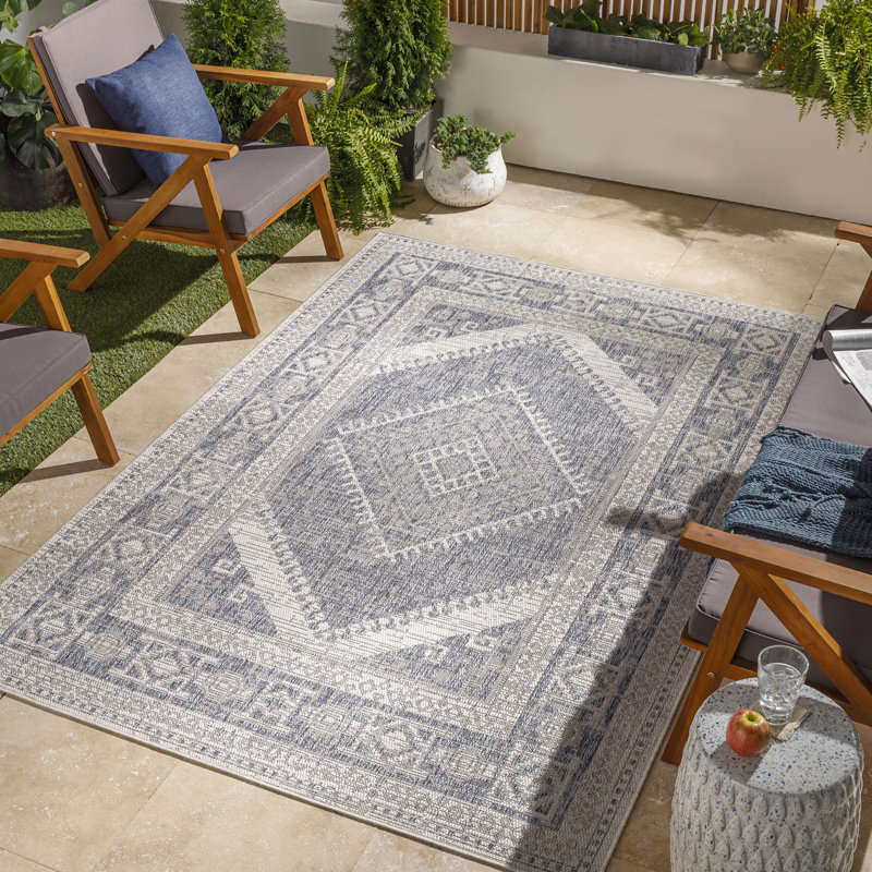 Navy Traditional Outdoor Rug, Bordered Stain Resistant Rug For Patio, Balcony, Decks & Garden, Rectangle 120 x 170 cm